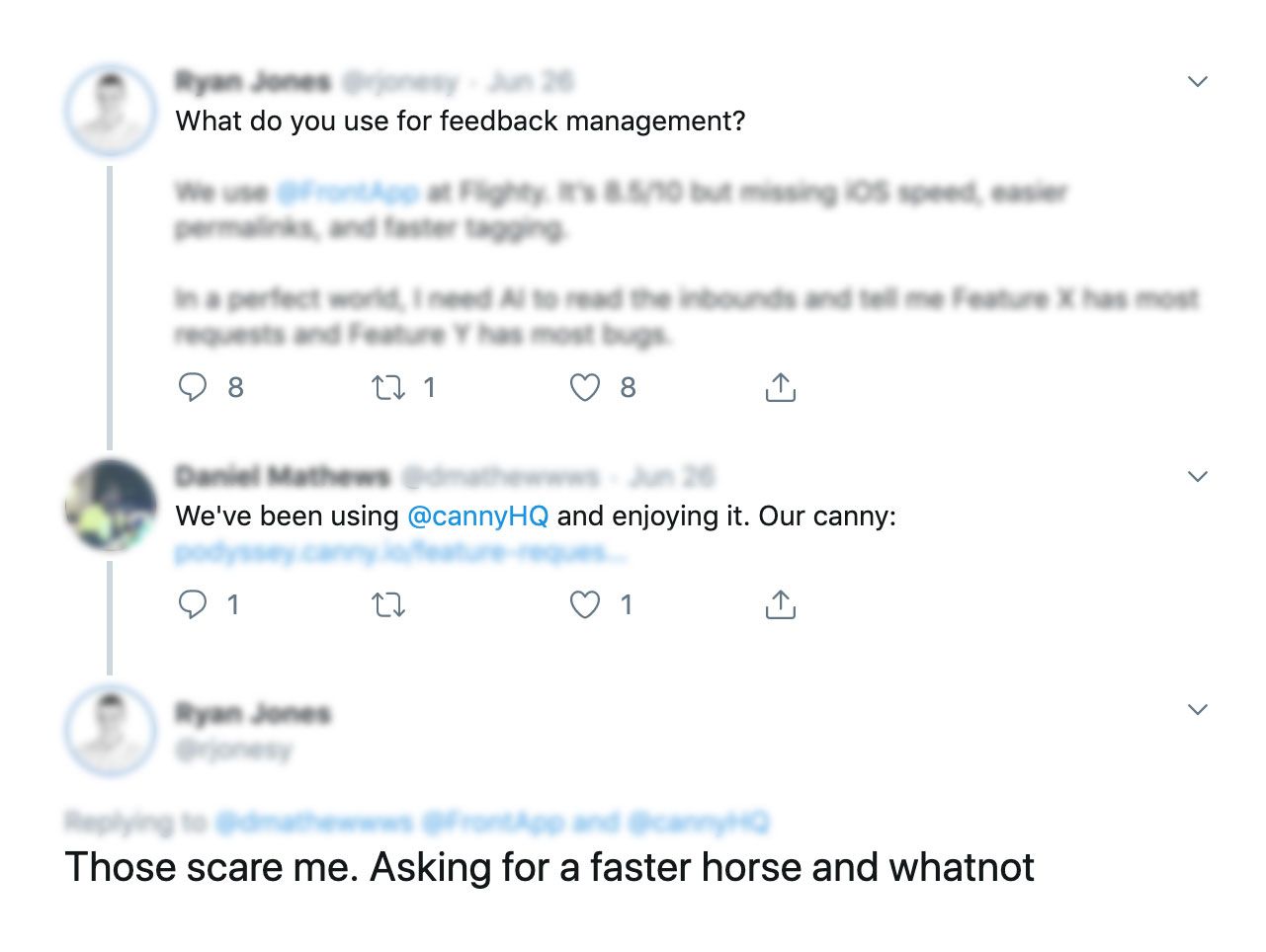 Twitter thread referencing the faster horses issue